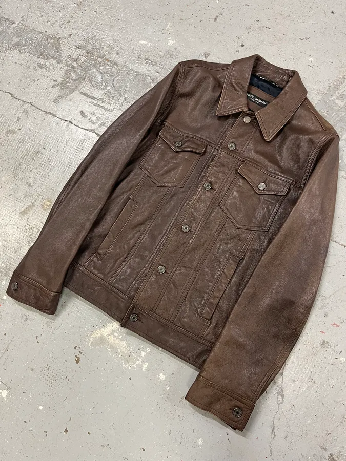 2000s Dolce & Gabbana Brown Leather Trucker Jacket - Image 4