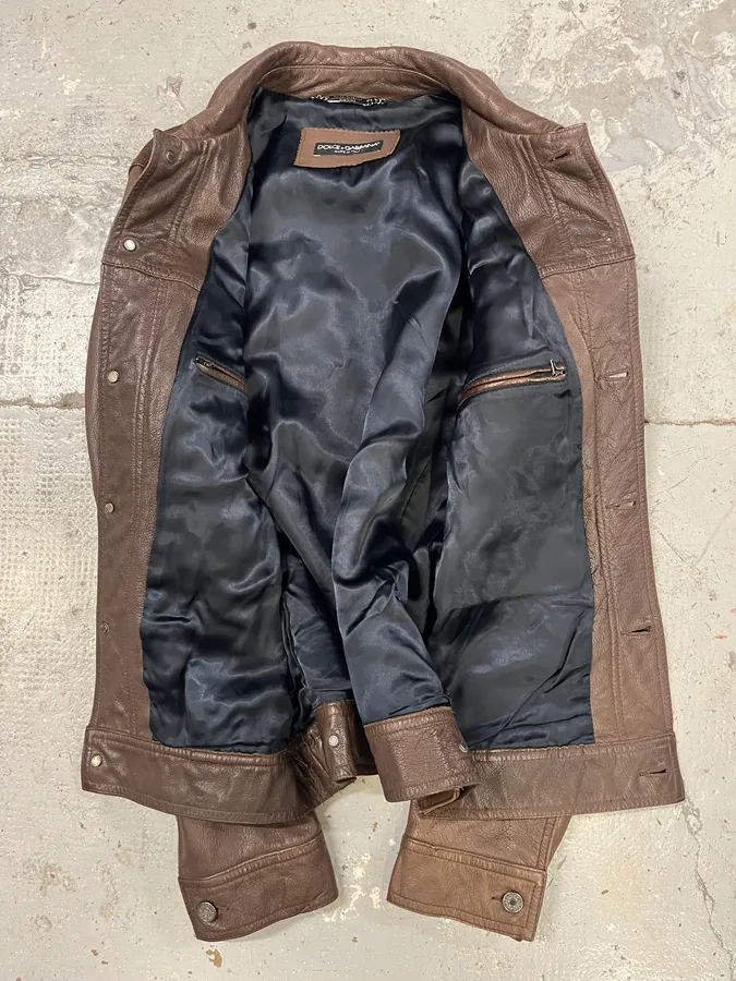 2000s Dolce & Gabbana Brown Leather Trucker Jacket - Image 6