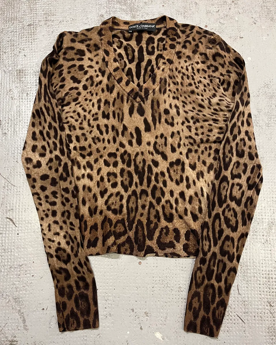 2000s Dolce & Gabbana Brown V-Neck Leopard Sweater