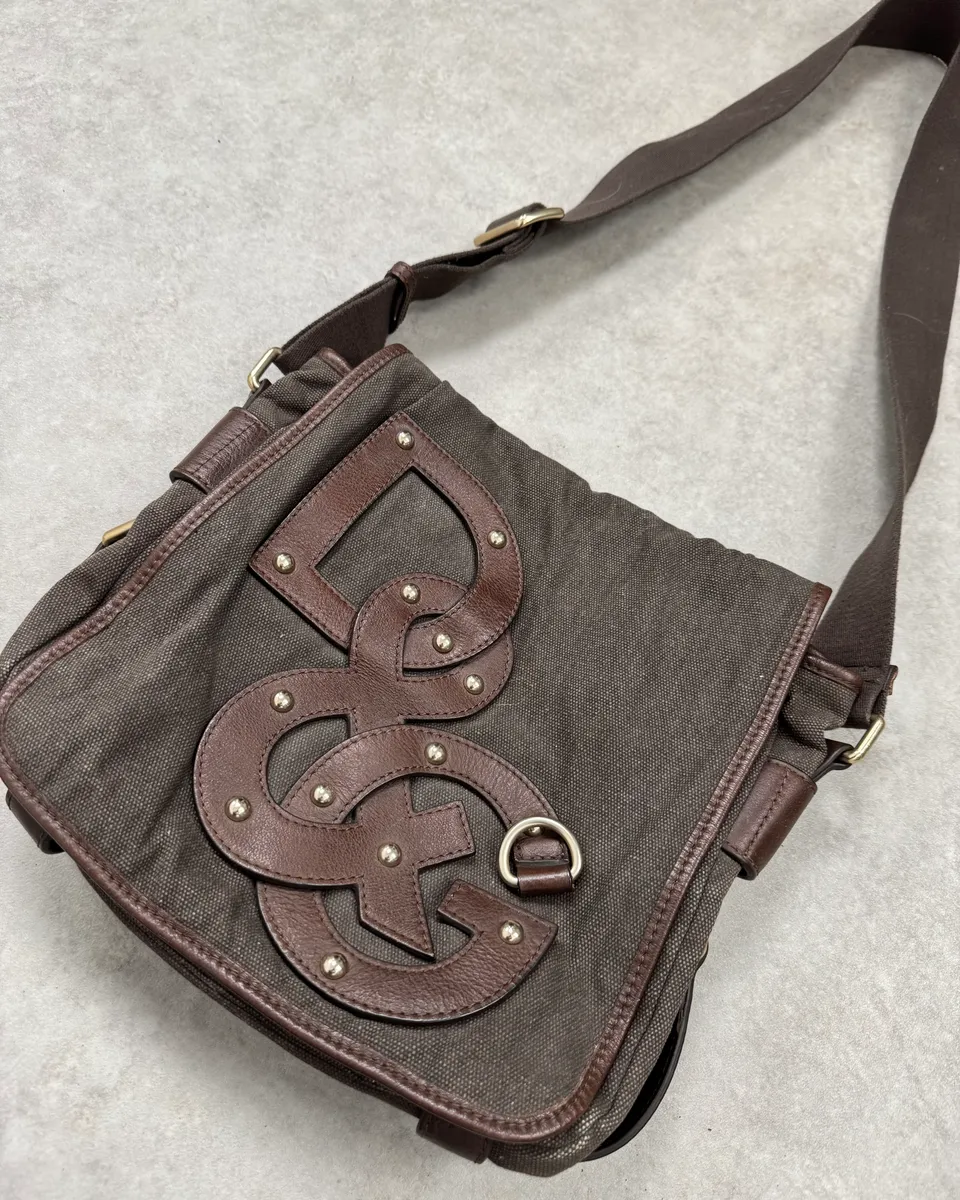 2000s Dolce & Gabbana Canvas Leather Studded Shoulder Bag - Image 4