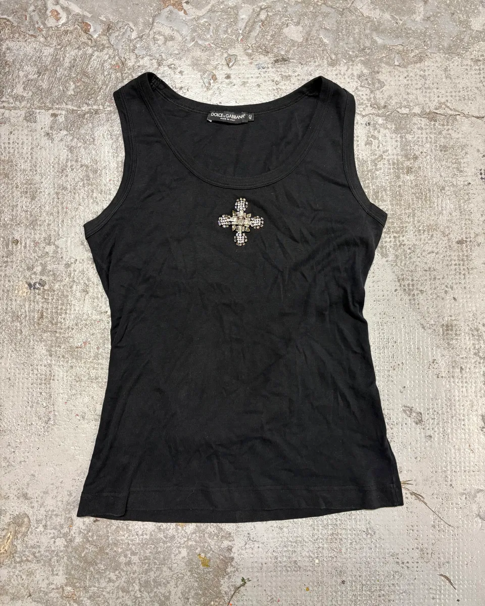 2000s Dolce & Gabbana Cross Ornament Black Tank Top