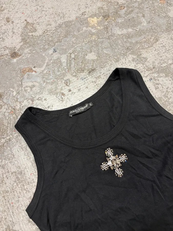 2000s Dolce & Gabbana Cross Ornament Black Tank Top - Image 5