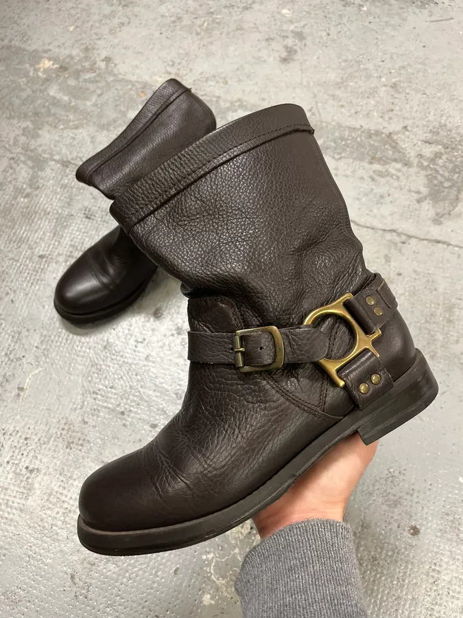 2000s Dolce & Gabbana Dark Brown Gold Buckle Ankle Leather Boots