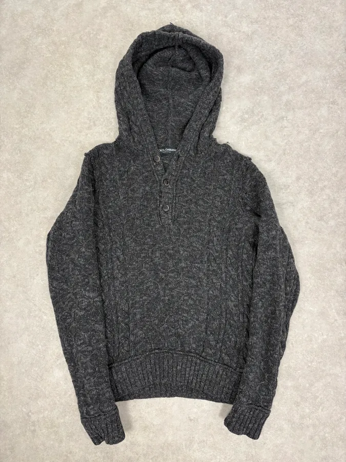 2000s Dolce & Gabbana Dark Grey Wool Knit Hoodie - Image 3
