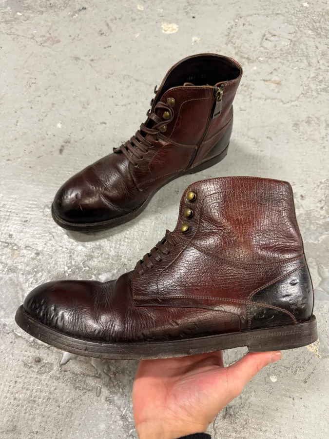 2000s Dolce & Gabbana Dark Red Eroded Premium Leather Boots - Image 2