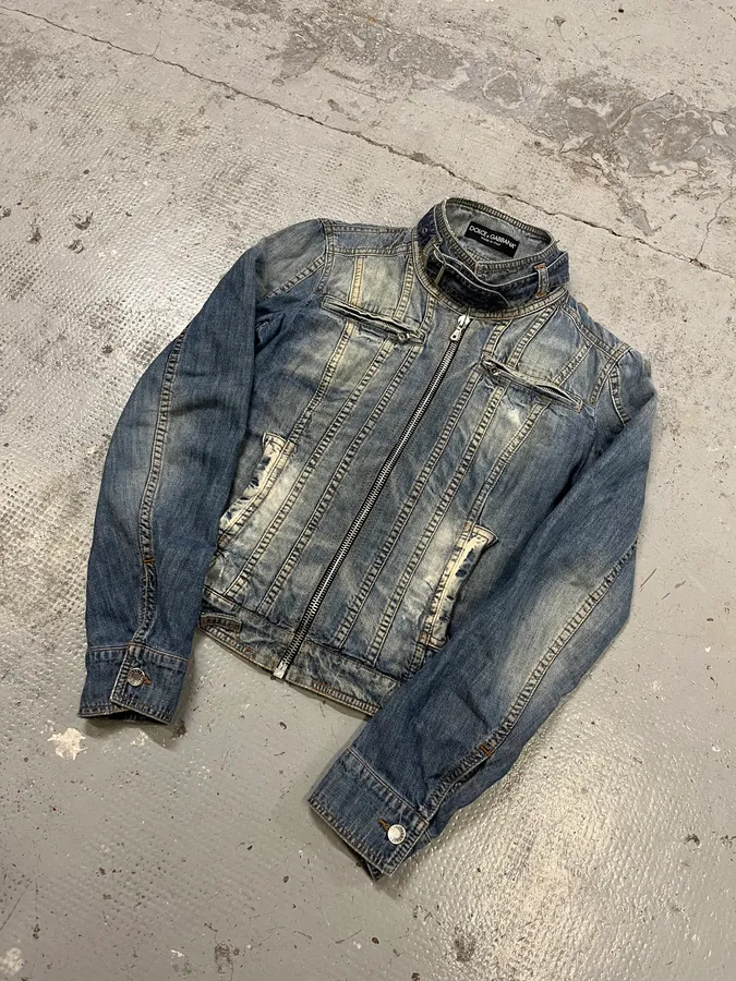 2000s Dolce & Gabbana Faded Biker Blue Denim Jacket - Image 4