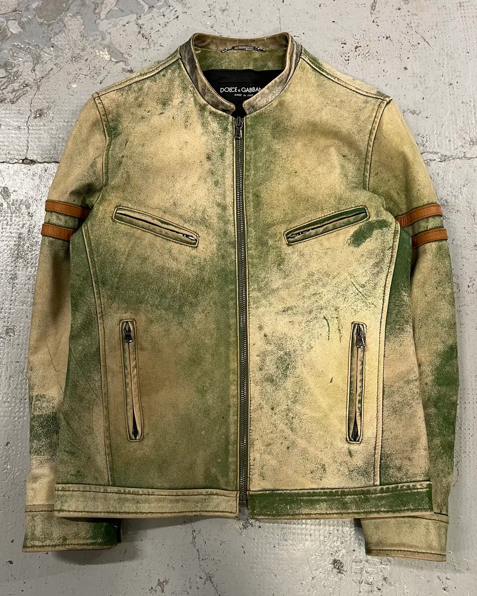 2000s Dolce & Gabbana Faded Green Eroded Leather Moto Jacket - Image 4