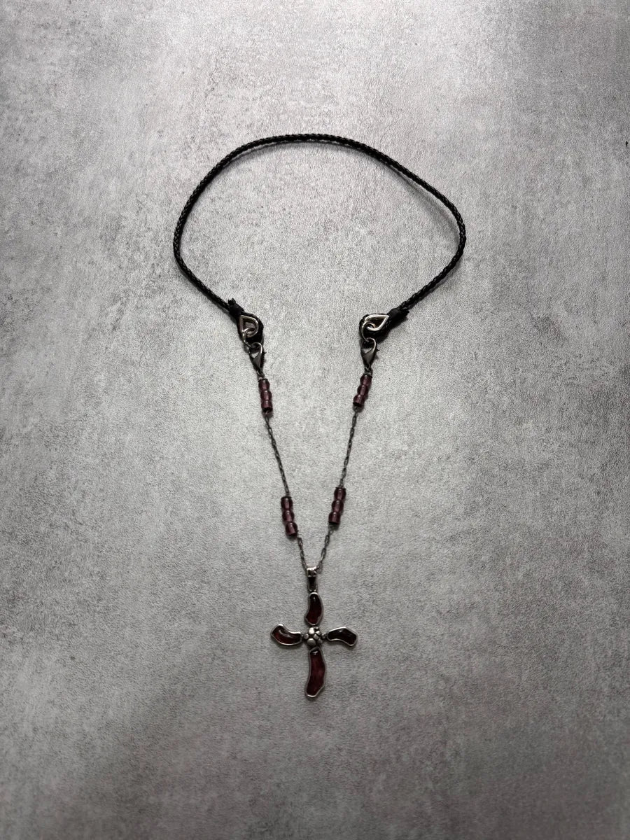 2000s Dolce & Gabbana Fantasy Cross Pendant Hybrid Leather and Steel Necklace - Image 2