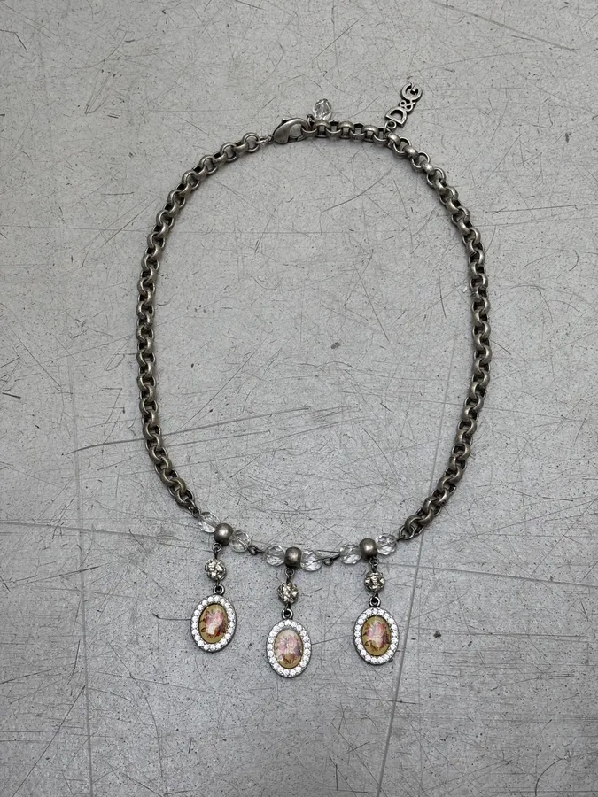 2000s Dolce & Gabbana Floral Cameo Strass Necklace