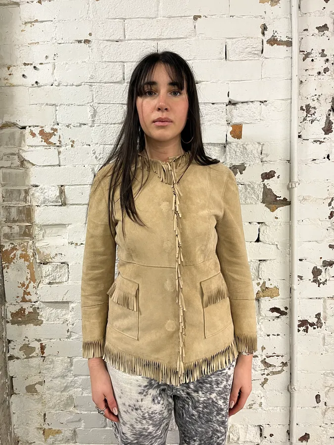 2000s Dolce & Gabbana Fringe Beige Suede Leather Jacket - Image 2