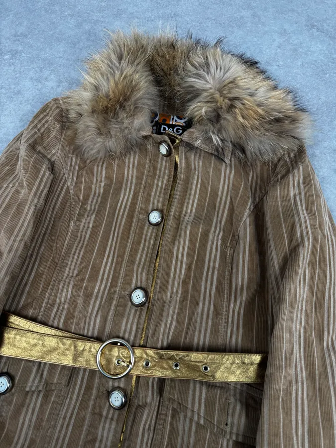 2000s Dolce & Gabbana Fur Collar Beige Corduroy Long Jacket - Image 5