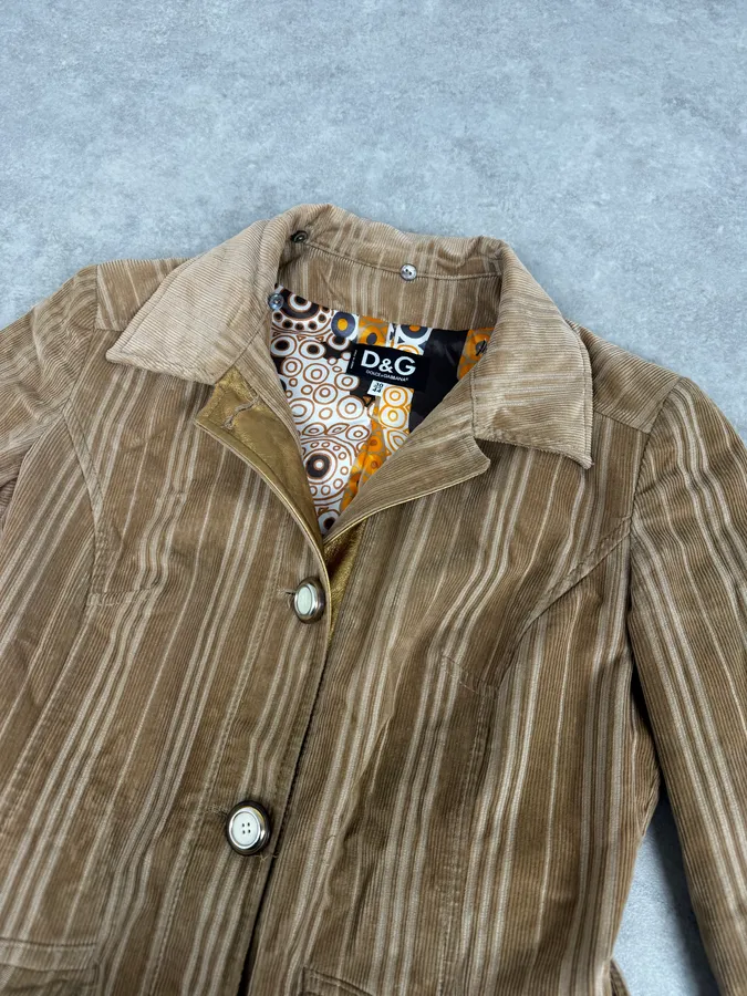 2000s Dolce & Gabbana Fur Collar Beige Corduroy Long Jacket - Image 7