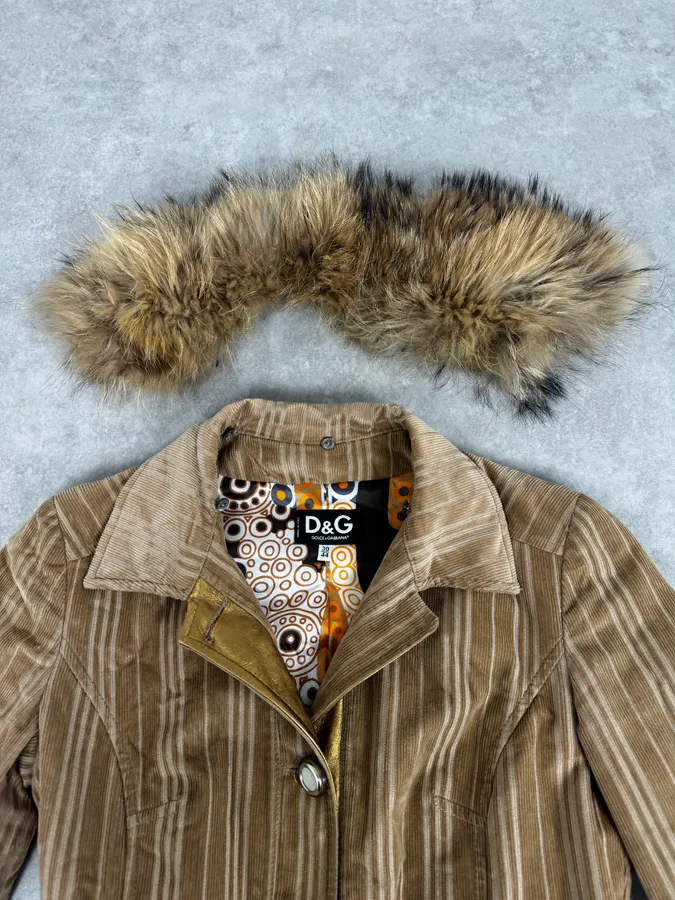 2000s Dolce & Gabbana Fur Collar Beige Corduroy Long Jacket - Image 9