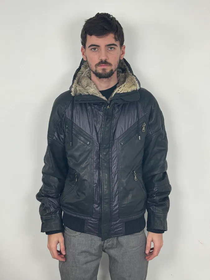 2000s Dolce & Gabbana Fur Hood Purple Hybrid Leather Bomber Jacket - Image 3
