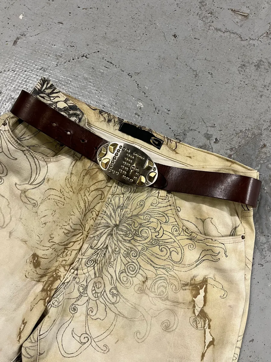 2000s Dolce & Gabbana Futuristic Golden & Silver Buckle Brown Leather Belt