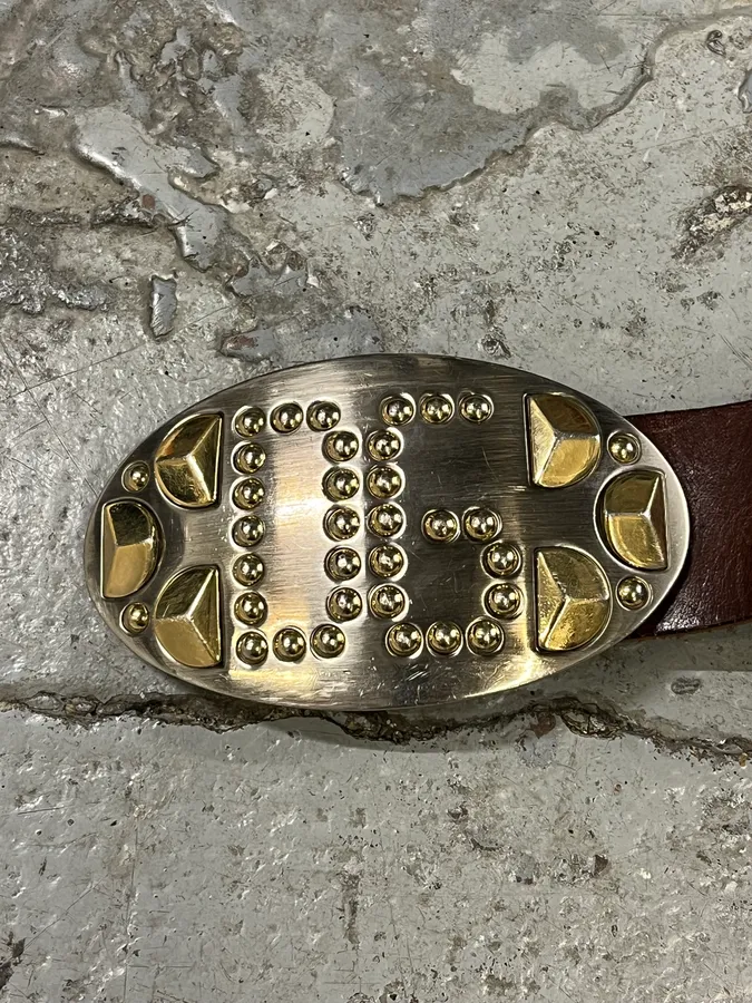 2000s Dolce & Gabbana Futuristic Golden & Silver Buckle Brown Leather Belt - Image 6