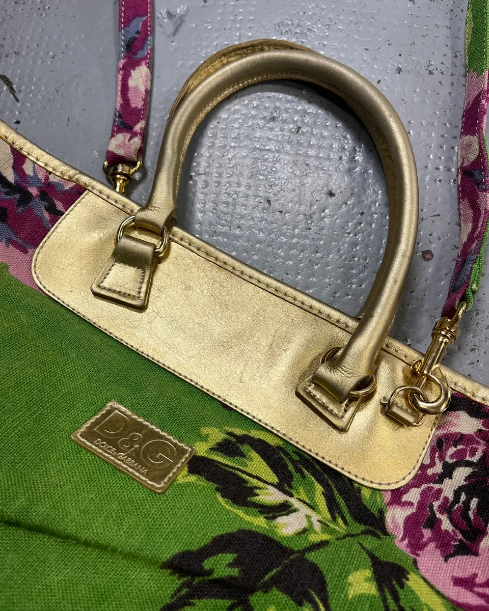 2000s Dolce & Gabbana Gold Leather Handle Green Floral Shoulder Bag - Image 5