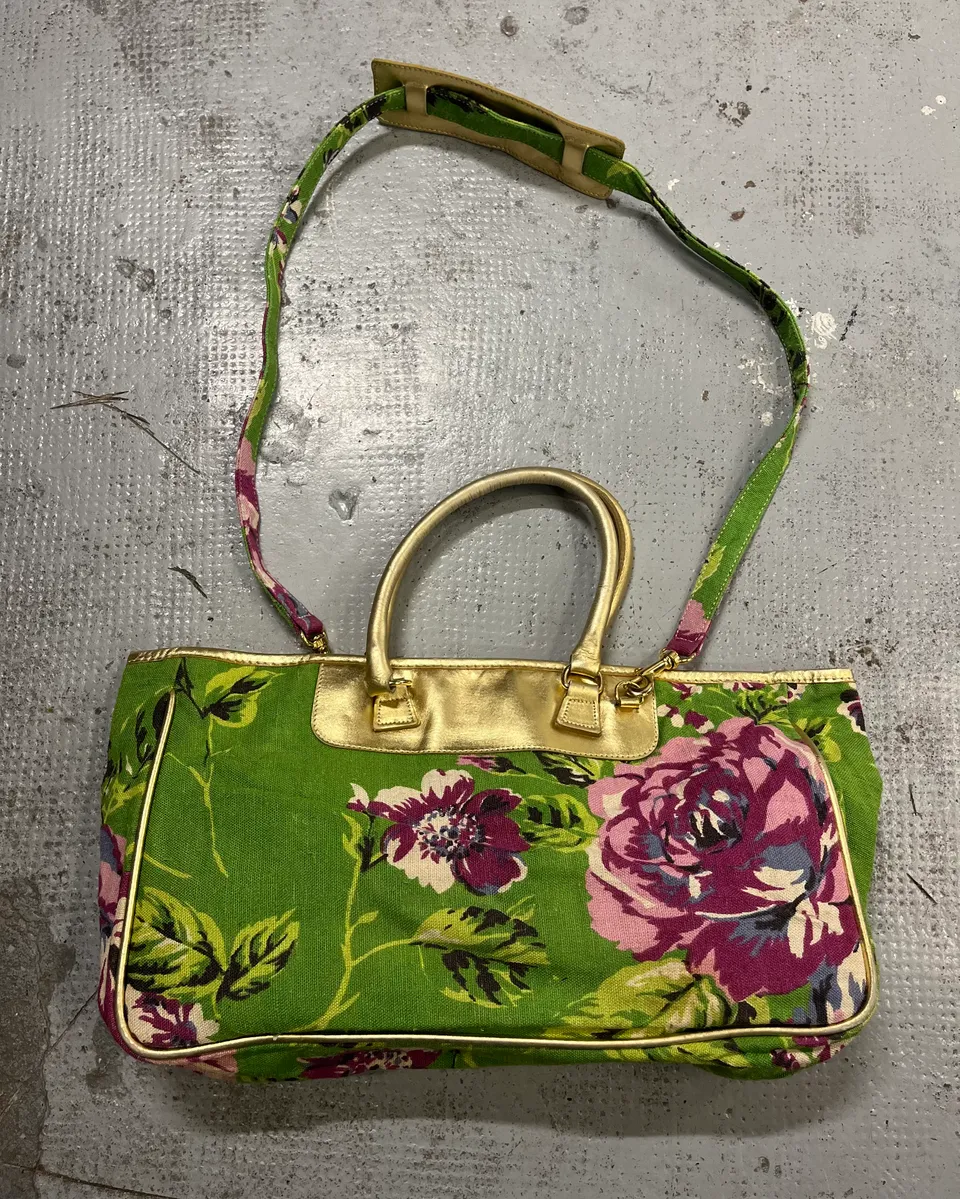 2000s Dolce & Gabbana Gold Leather Handle Green Floral Shoulder Bag - Image 9