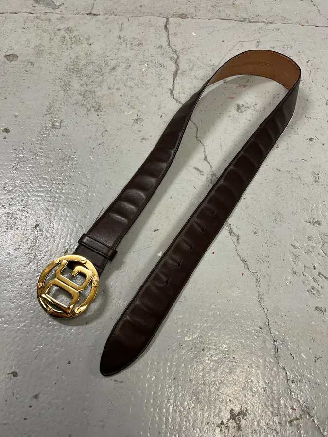 2000s Dolce & Gabbana Golden Buckle Brown Leather Belt - Image 3