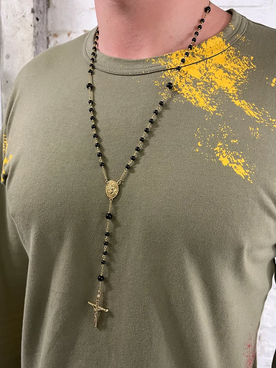 2000s Dolce & Gabbana Golden Rosary Black Pearls Necklace - Image 2