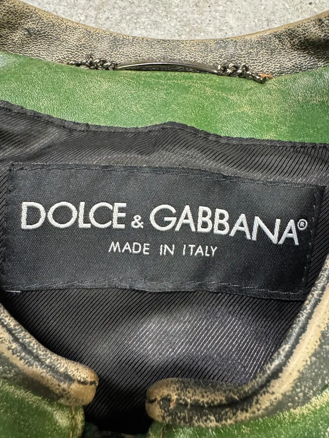 2000s Dolce & Gabbana Green Eroded Biker Leather Jacket - Image 10