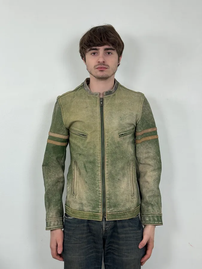 2000s Dolce & Gabbana Green Faded Biker Leather Jacket - Image 2