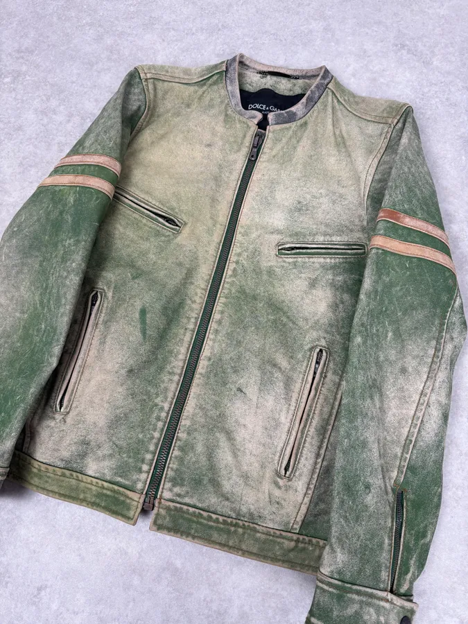 2000s Dolce & Gabbana Green Faded Biker Leather Jacket - Image 4