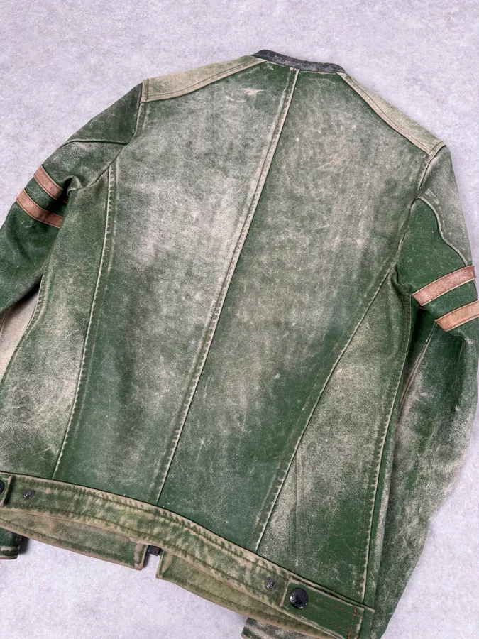2000s Dolce & Gabbana Green Faded Biker Leather Jacket - Image 5