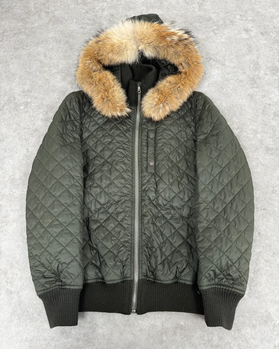 2000s Dolce & Gabbana Green Quilted Fur Hooded Jacket