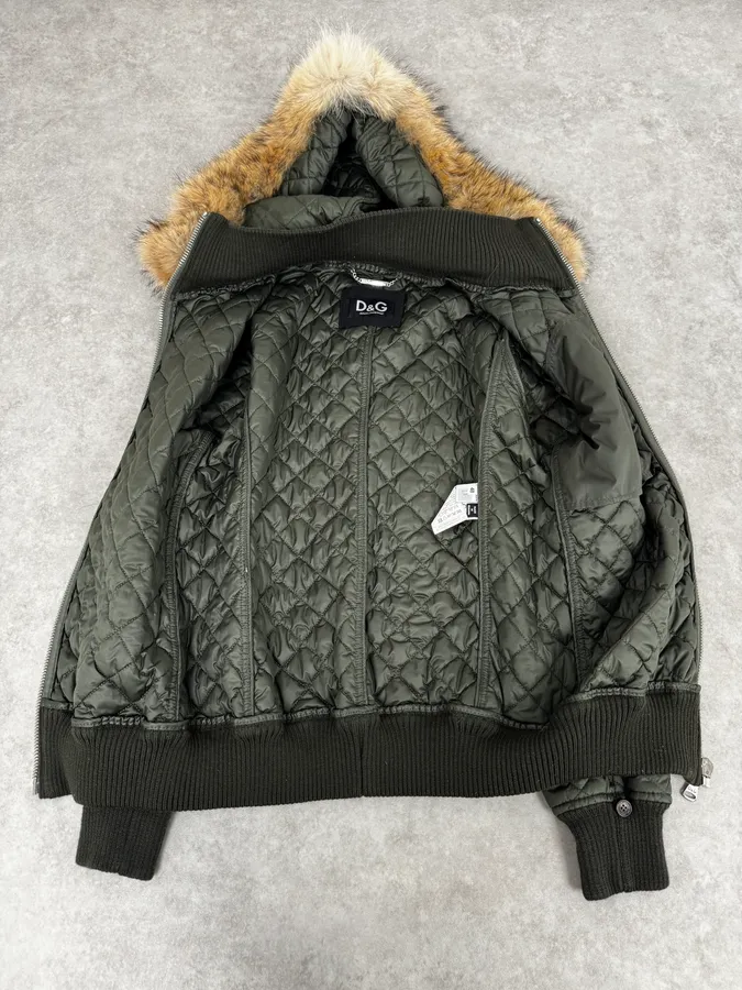 2000s Dolce & Gabbana Green Quilted Fur Hooded Jacket - Image 8