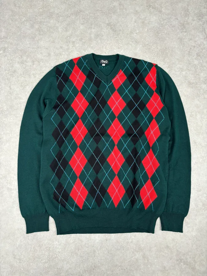 2000s Dolce & Gabbana Green V Neck Classy Sweater