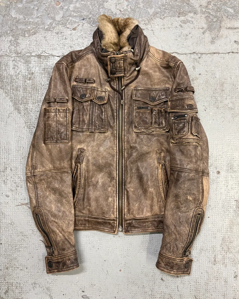 2000s Dolce & Gabbana Grey Eroded Fur Collar Leather Jacket