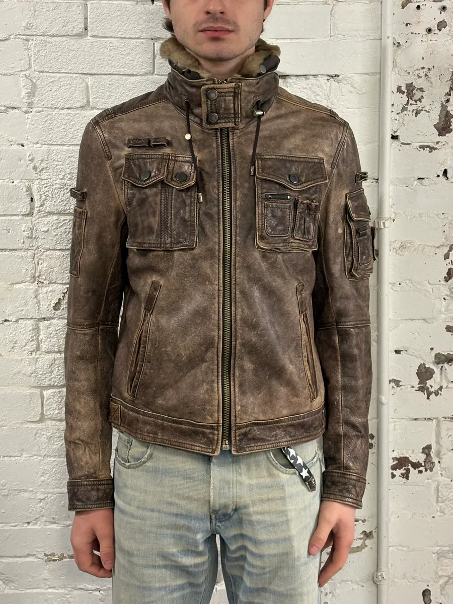2000s Dolce & Gabbana Grey Eroded Fur Collar Leather Jacket - Image 2