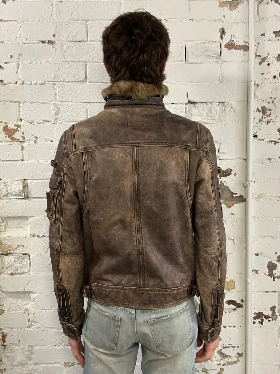 2000s Dolce & Gabbana Grey Eroded Fur Collar Leather Jacket - Image 3