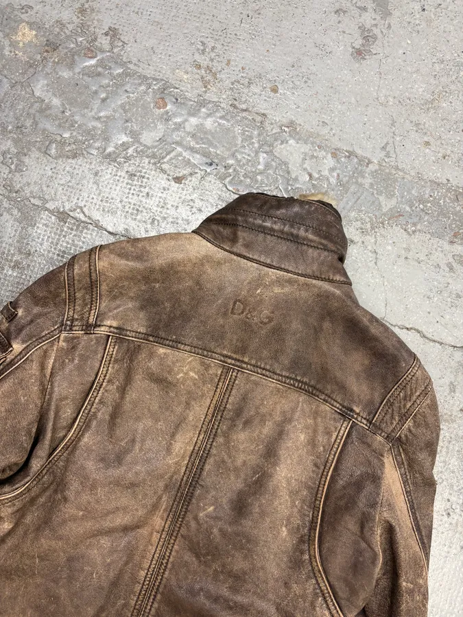 2000s Dolce & Gabbana Grey Eroded Fur Collar Leather Jacket - Image 6