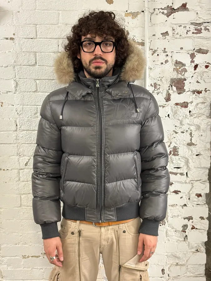 2000s Dolce & Gabbana Grey Fur Hooded Puffer Jacket - Image 2