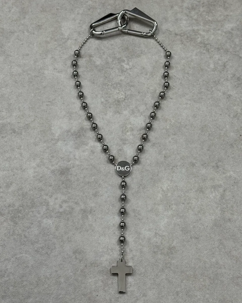 2000s Dolce & Gabbana Grey Metal Beaded Cross Rosary Chain