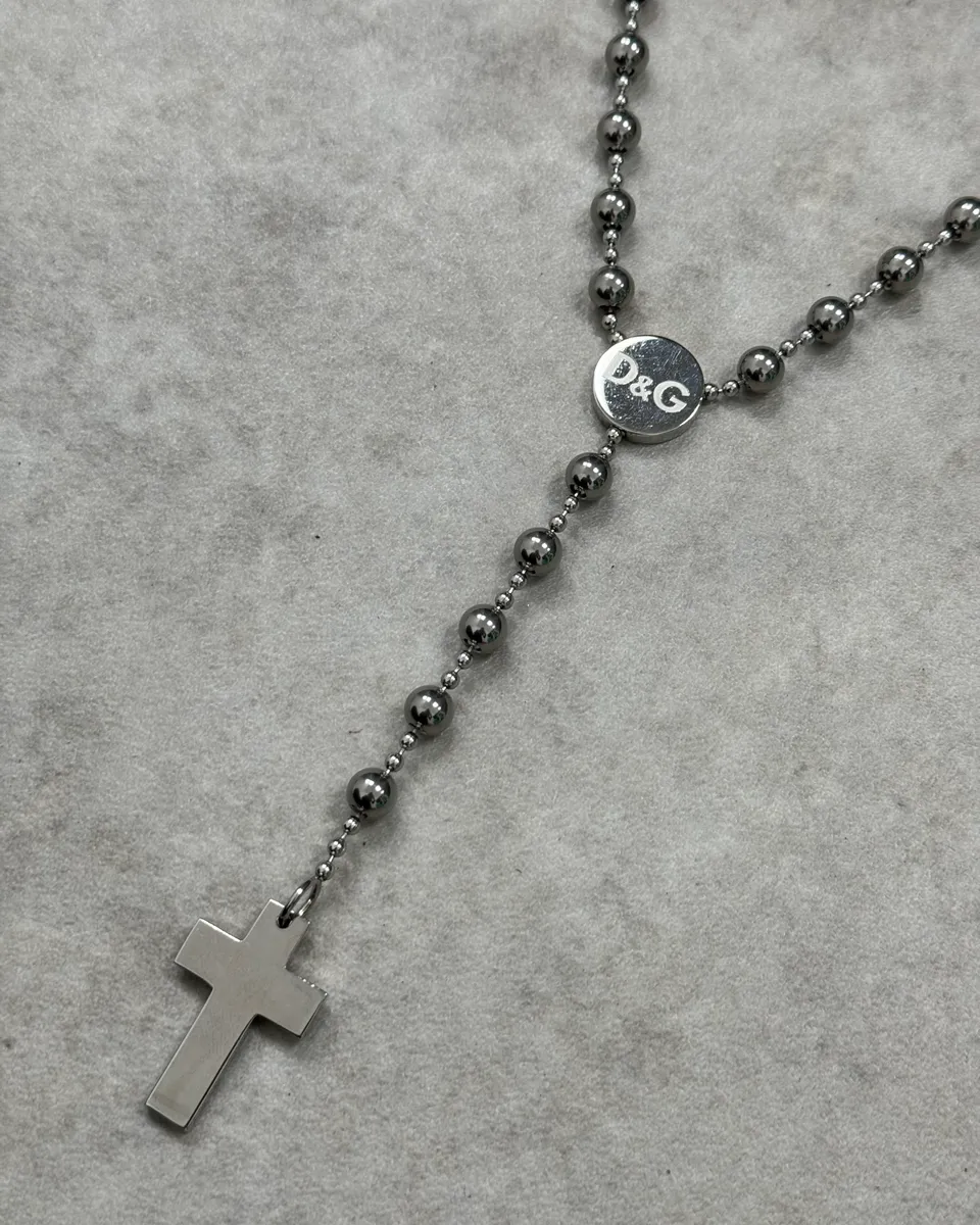 2000s Dolce & Gabbana Grey Metal Beaded Cross Rosary Chain - Image 4