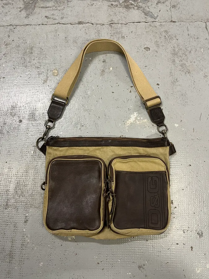 2000s Dolce & Gabbana Hybrid Brown Leather Beige Canva Shoulder Bag