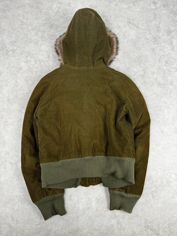 2000s Dolce & Gabbana Khaki Corduroy Fur Hooded Buttoned Jacket - Image 4