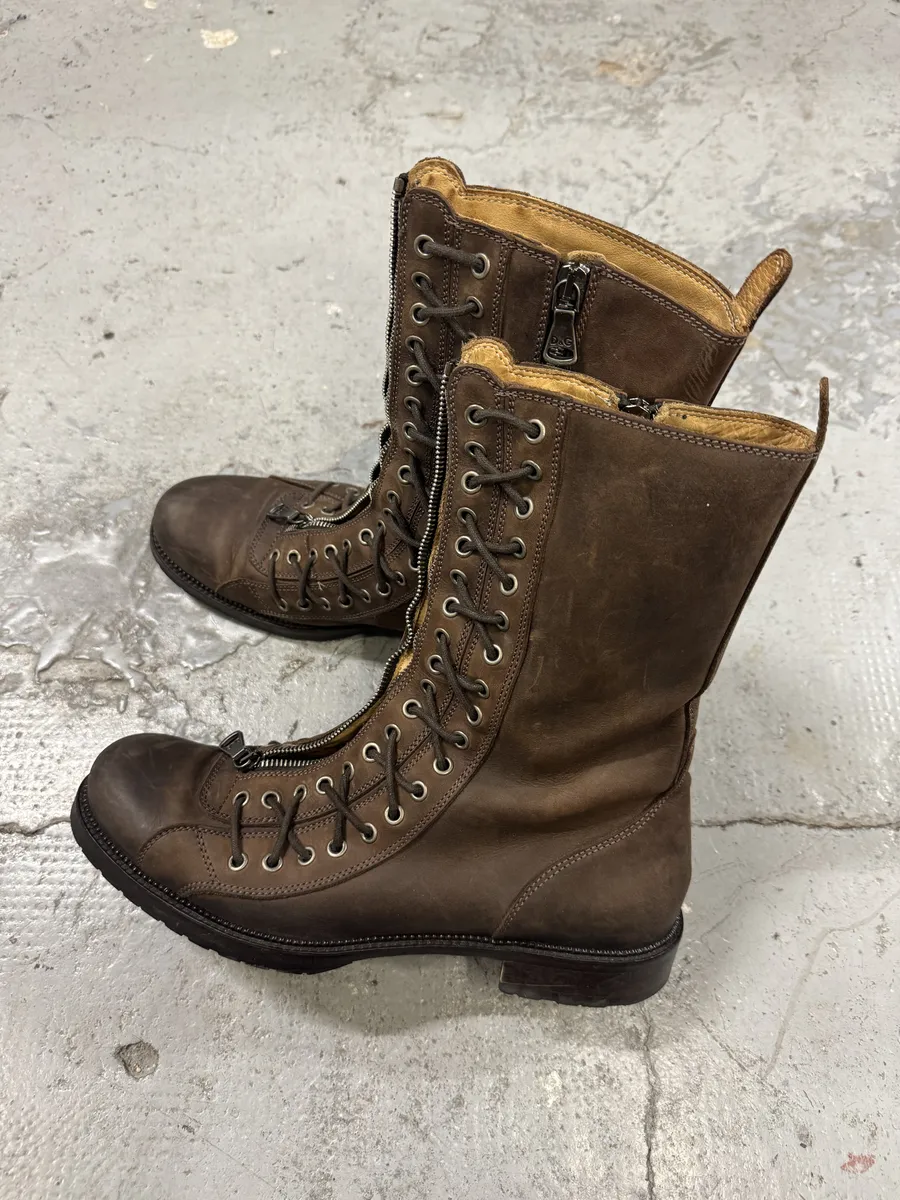 2000s Dolce & Gabbana Laced Multi Zips Eyelet Brown Ankle Boots - Image 8