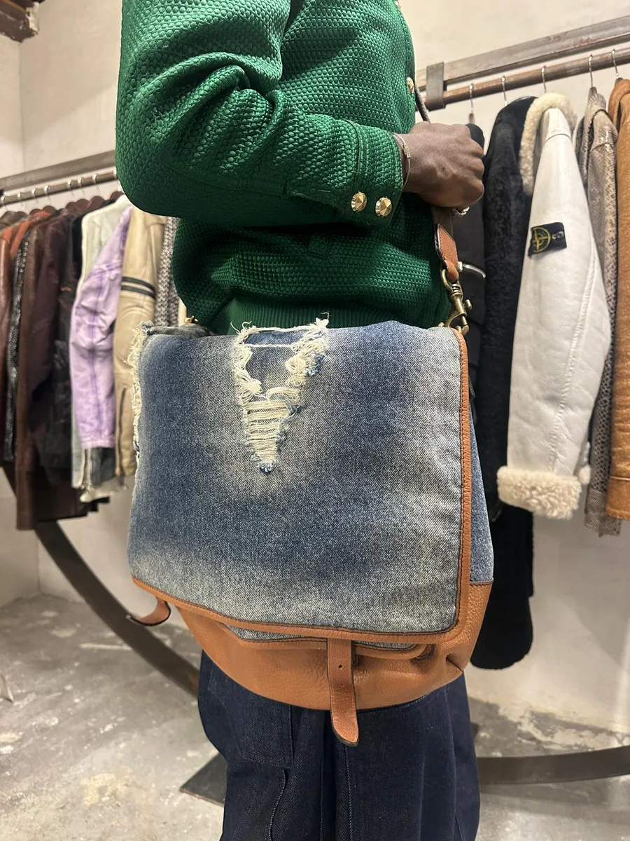 2000s Dolce & Gabbana Leather & Distressed Denim Shoulder Bag - Image 10