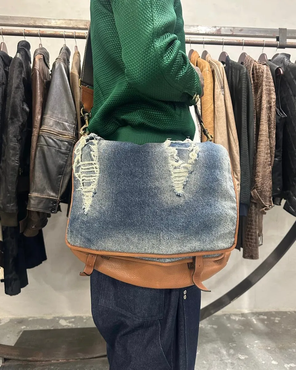 2000s Dolce & Gabbana Leather & Distressed Denim Shoulder Bag - Image 11
