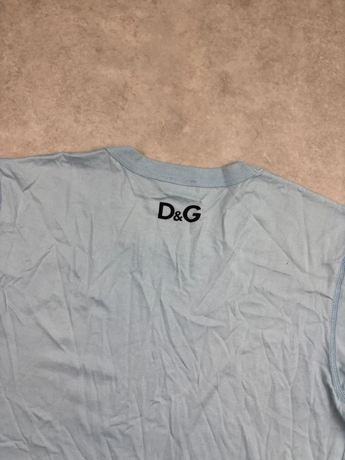 2000s Dolce & Gabbana Light Blue Cotton Bella Darvi Portrait T-Shirt - Image 6