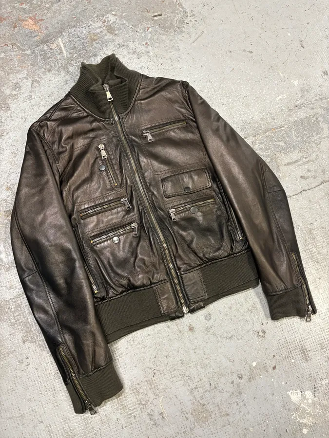 2000s Dolce & Gabbana Multi Zips Brown Bronze Leather Jacket - Image 4