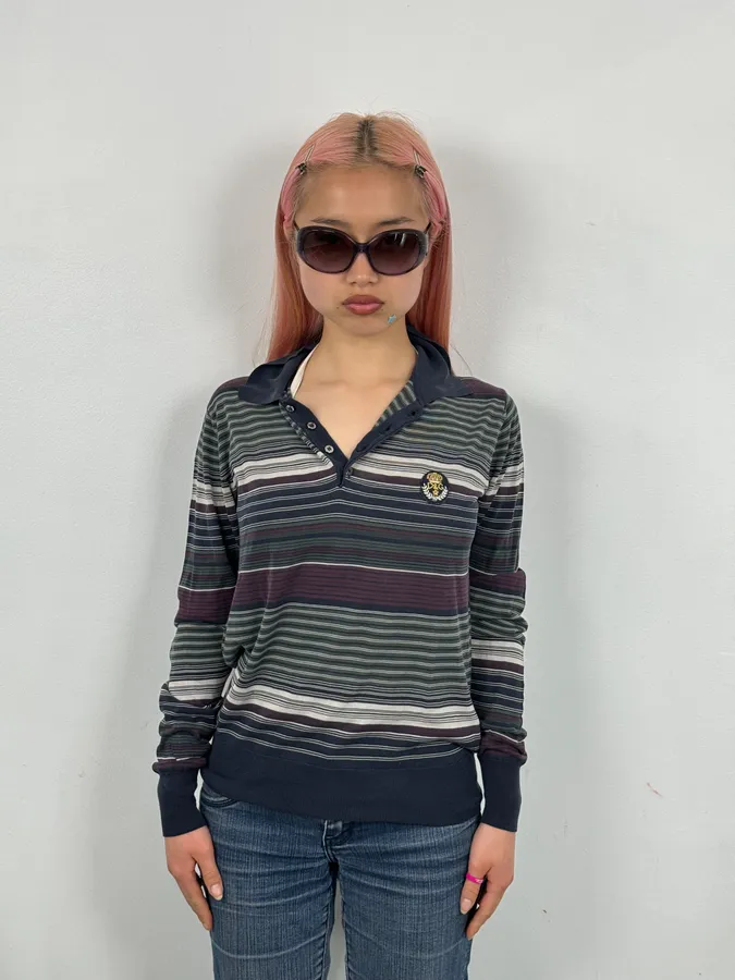 2000s Dolce & Gabbana Multicolor Striped Signature Polo Sweater - Image 2