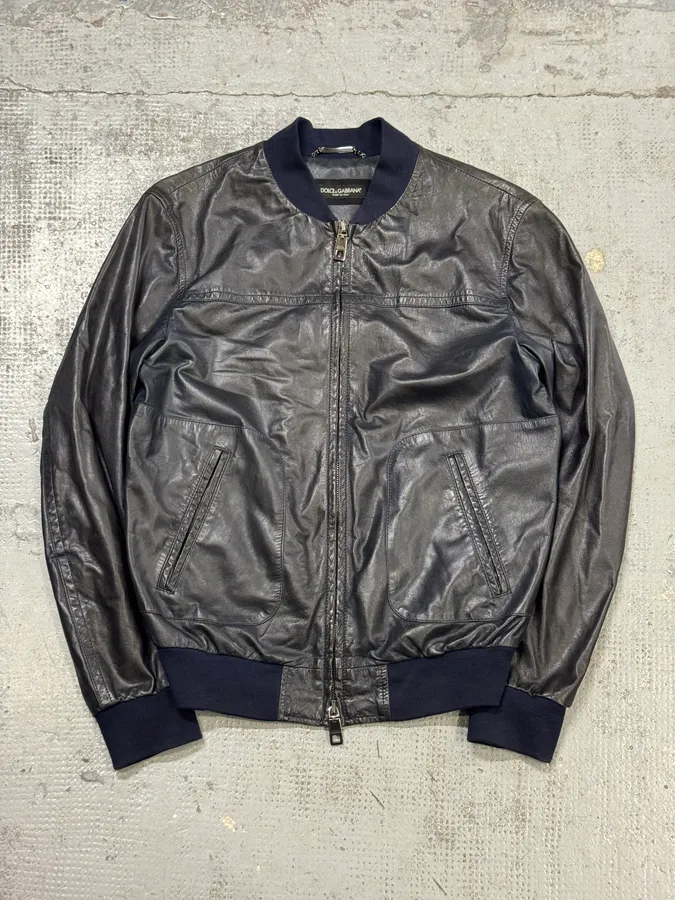 2000s Dolce & Gabbana Navy Leather Bomber Jacket