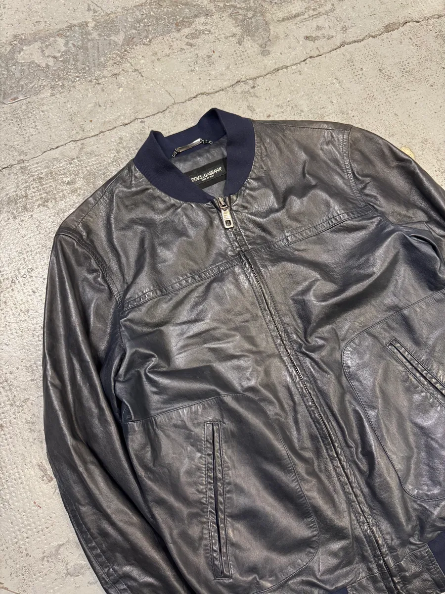 2000s Dolce & Gabbana Navy Leather Bomber Jacket - Image 2