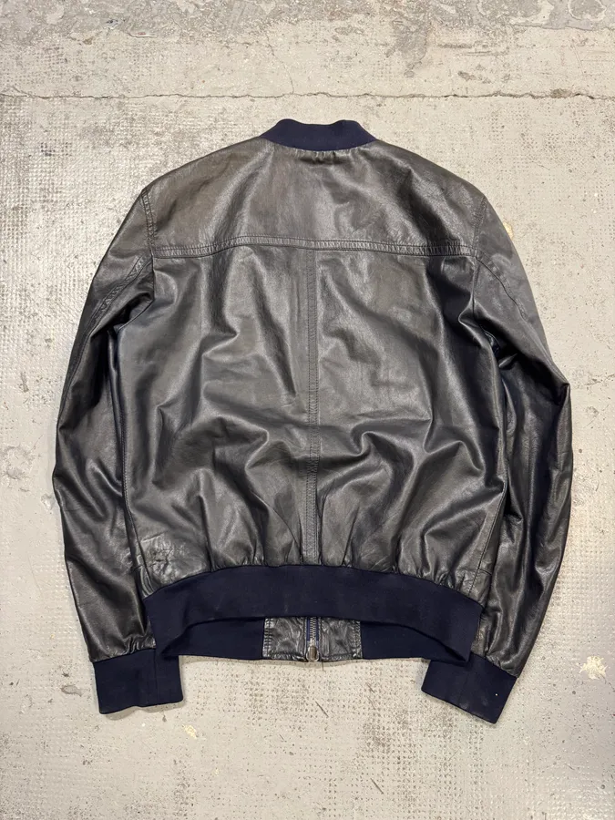 2000s Dolce & Gabbana Navy Leather Bomber Jacket - Image 3