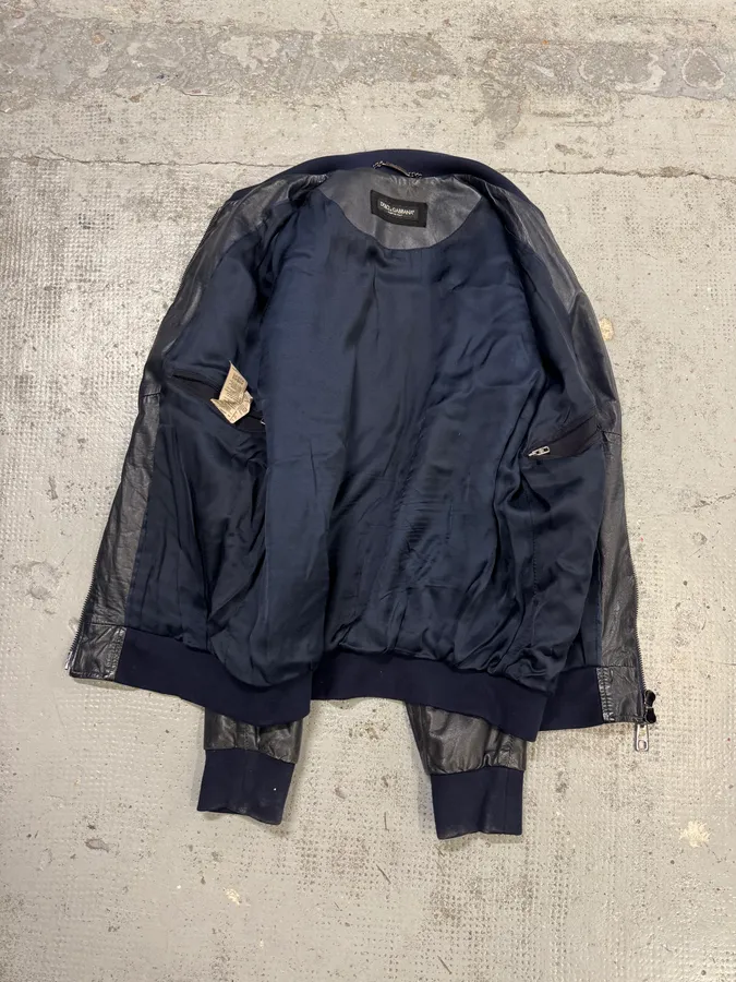2000s Dolce & Gabbana Navy Leather Bomber Jacket - Image 6